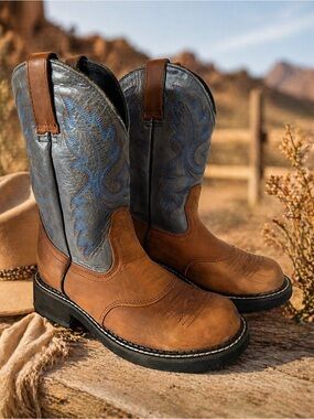 Two Tone Leather Cowboy Boots Western Round Toe Rubber Sole Women’s 7 Brown Blue